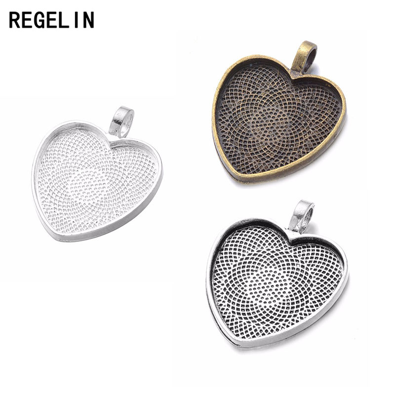 Bezels Set Pendant - Regelin Jantung Cabochons Pengaturan Berlapis Perak